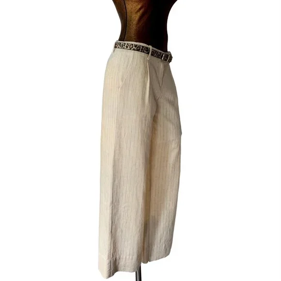 Bloomingdales pleated wide leg pinstripe cream linen pants trousers - size 6